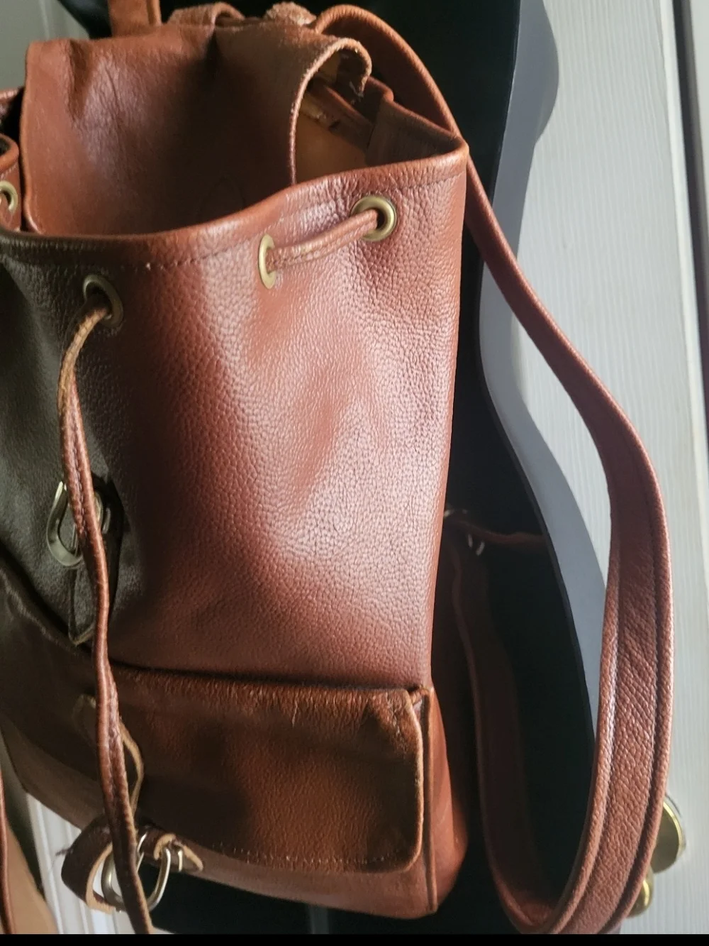 Leather Unisex Drawstring Backpack Brown with Front Buckle Pockets Extra Large